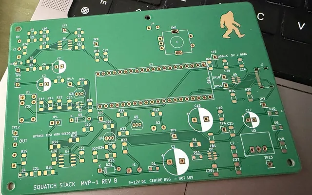 A real green circuit board of ours, MVP-1 rev B, with the Founder printed in gold in its corner