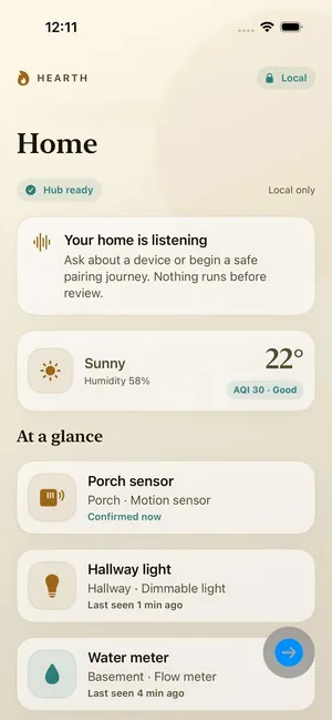 Hearth's home screen on a phone: hub ready, local only