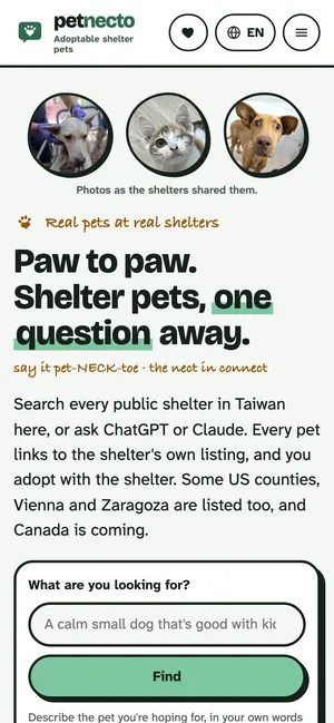 Petnecto on a phone: three shelter animals above the headline and the search