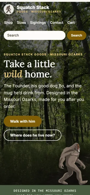 The same store on a phone, with its menu, search and the Founder on the trail