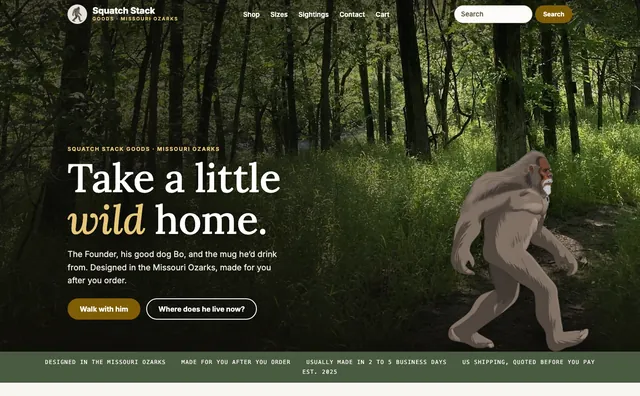 Our store's home page: the Founder walking the woods beside “Take a little wild home.”