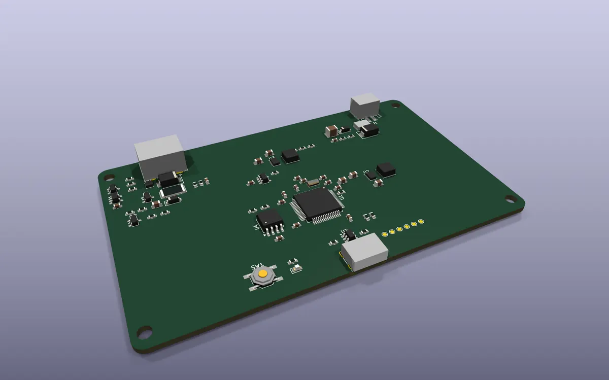 A green circuit board in 3D with its parts placed: a processor in the middle, connectors at the edges, mounting holes in the corners