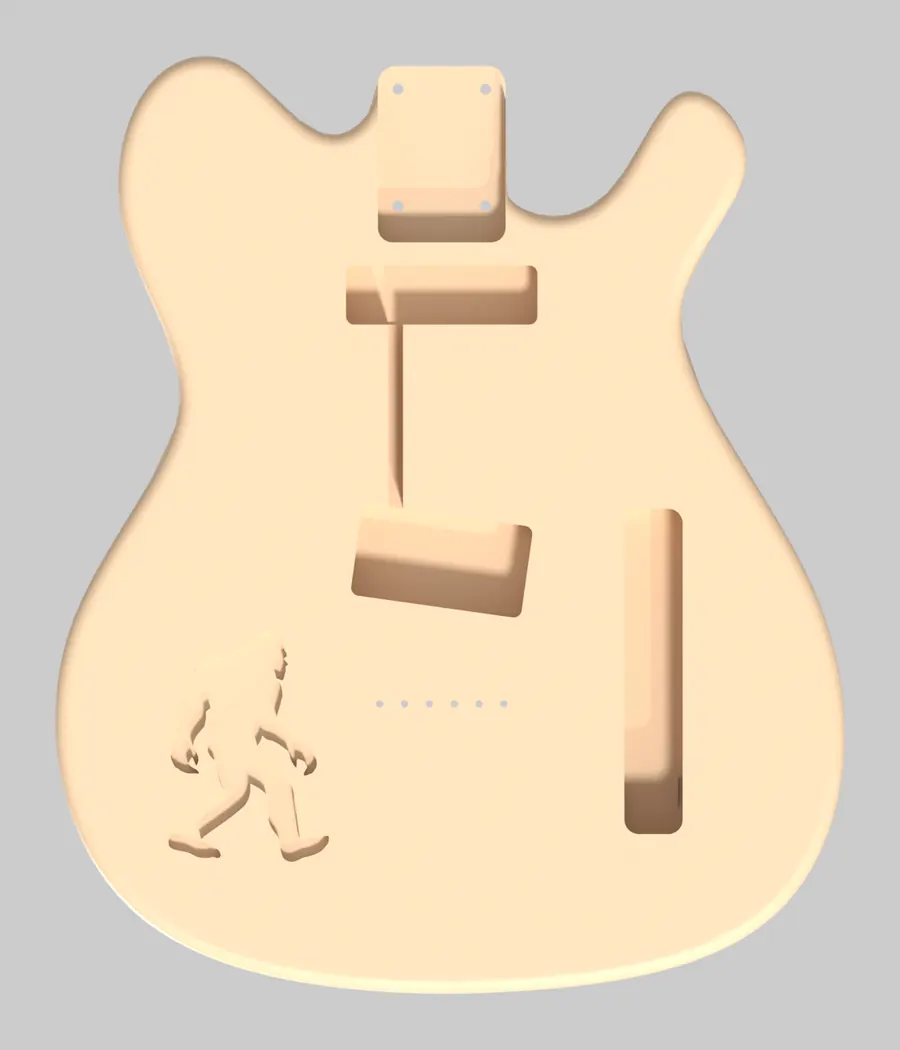 A guitar body modelled in CAD, seen from the top, with its pickup and control pockets and the walking Squatch pocketed for an inlay