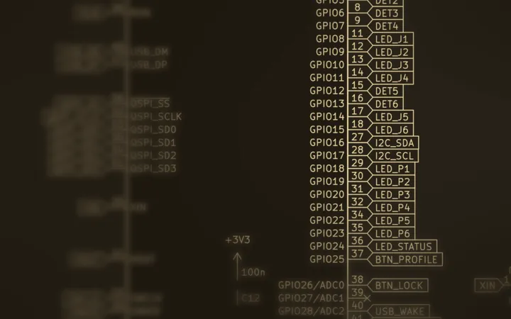 A slice of SwitchKey's schematic, gold on dark: the controller's pins fanning out to six switch jacks, each with its own light, the rest fading into shadow.