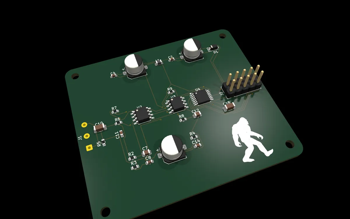 A green headphone amplifier board with a white Squatch mark, drawn from its design file