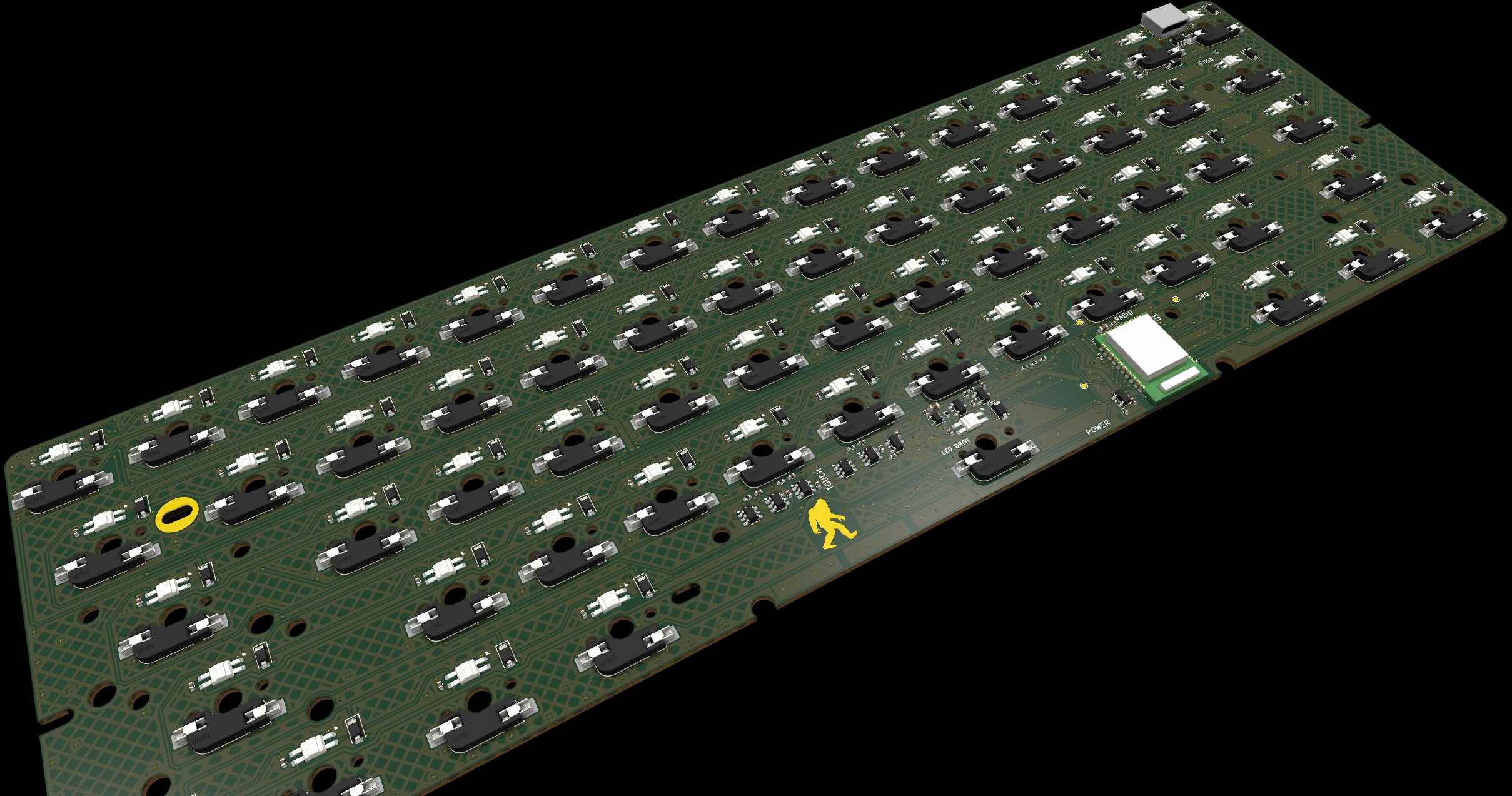 The k60 circuit board at an angle: rows of hot-swap sockets and key lights, the radio module, and the walking mark in gold