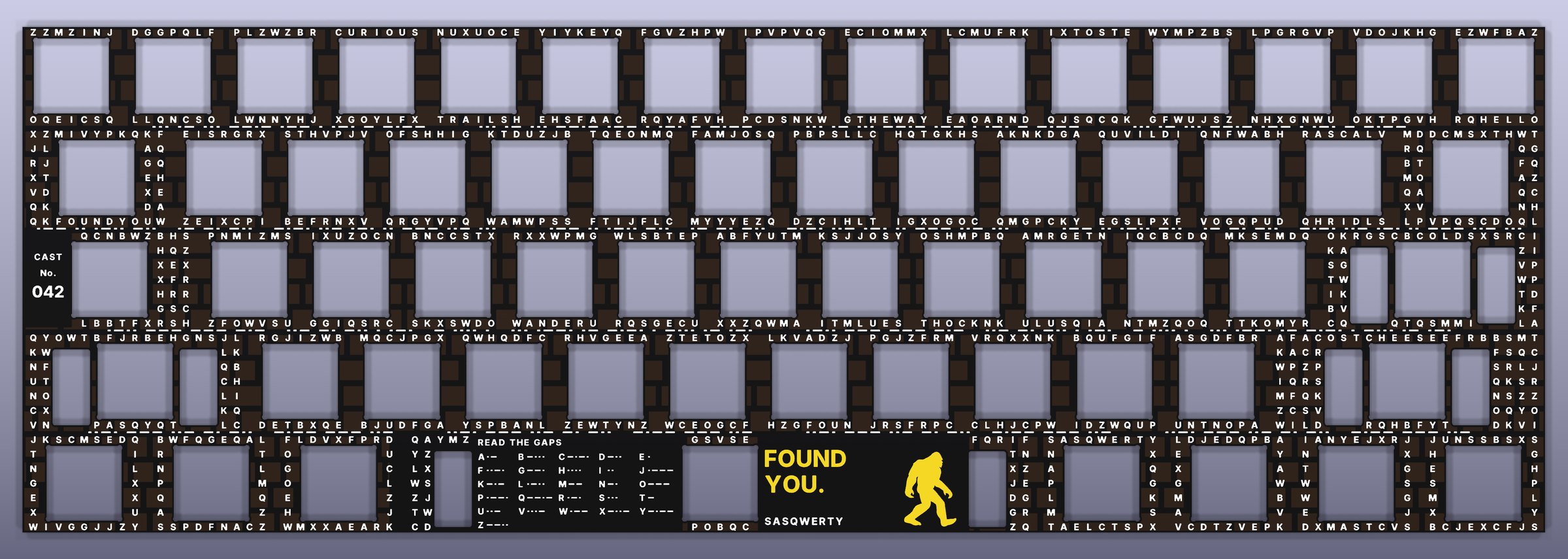 The Sasqwerty plate from above: rows of white letters between the openings, a Morse key, and Found you. beside the walking mark in gold