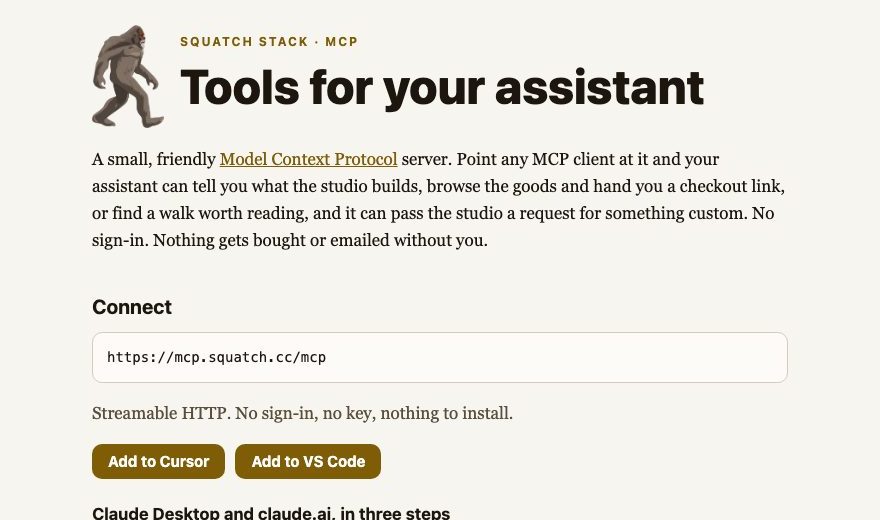The Squatch Stack MCP page: Tools for your assistant, with the server address and how to add it