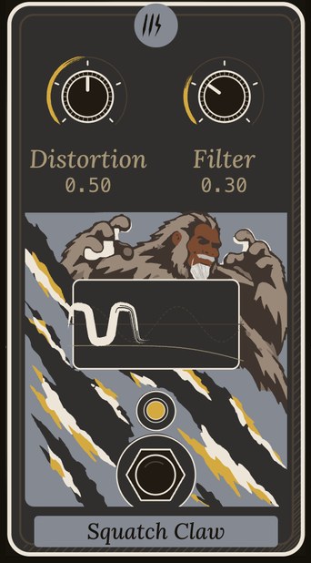 Squatch Claw as the rig draws it: distortion and filter knobs above the Founder clawing through grey rock