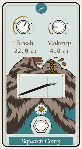 Squatch Comp as the rig draws it: threshold and makeup knobs, and a sasquatch squeezing a cob of corn