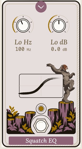 Squatch EQ as the rig draws it: low frequency and gain knobs, and a sasquatch dancing on a tree stump