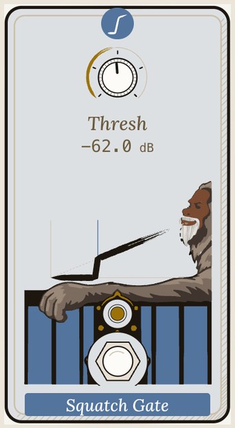 Squatch Gate as the rig draws it: a threshold knob, and a sasquatch leaning on a blue fence