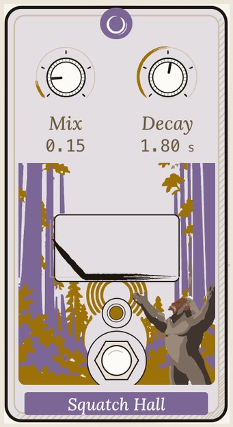 Squatch Hall as the rig draws it: mix and decay knobs, and a sasquatch calling out in a purple forest