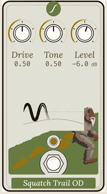 Squatch Trail OD as the rig draws it: drive, tone and level knobs, and a sasquatch striding up a green hill