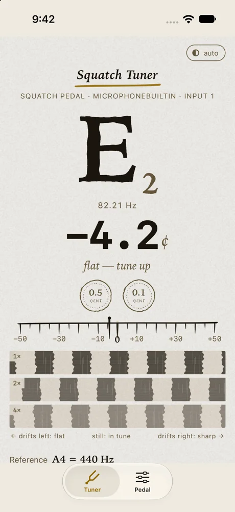 The pedal app on iPhone showing its tuner