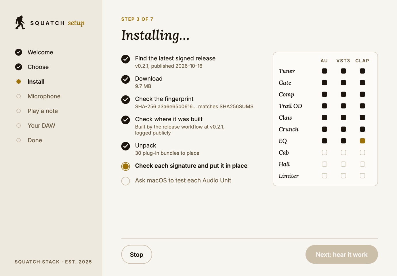 Squatch Setup installing: the release found, downloaded, its fingerprint and build record checked, and plug-ins landing one by one
