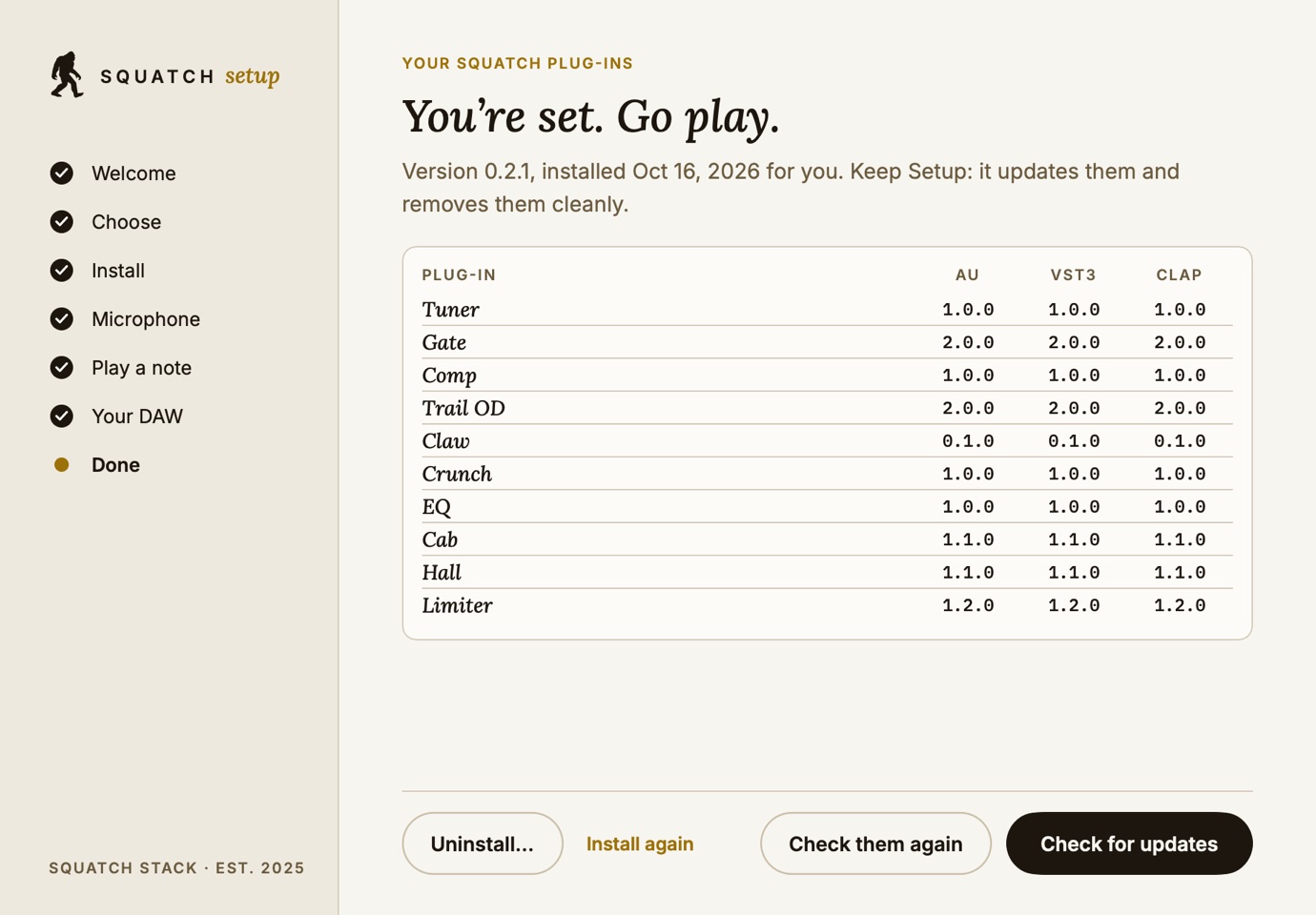 Squatch Setup's hub listing each plug-in with its version in each format, with Uninstall and Check for updates