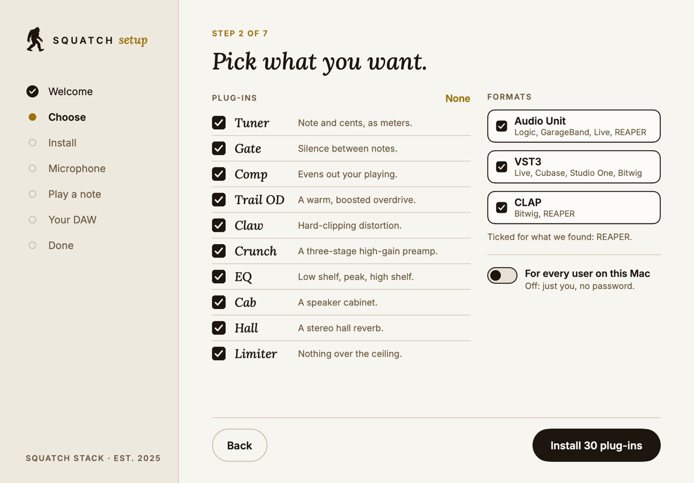 Squatch Setup's Choose screen: the ten plug-ins ticked, and Audio Unit, VST3 and CLAP chosen